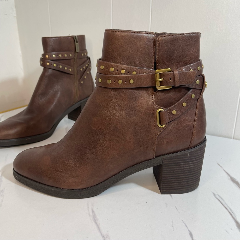Michael Kors Brown Leather Ankle Boots with Gold Studs Buckle details 11 Western - Picture 2 of 10